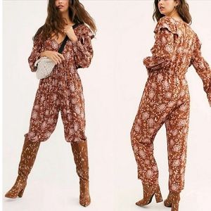 Free People Lux Floral Ruffle Drawstring Jumpsuit Boho Gipsy Size Small Brown